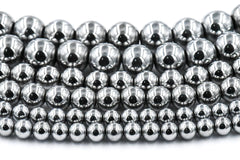 TWO STRANDS Rhodium Plated Hematite 3mm, 4mm, 6mm, 8mm, 10mm Silver Round Beads -15 inch strand