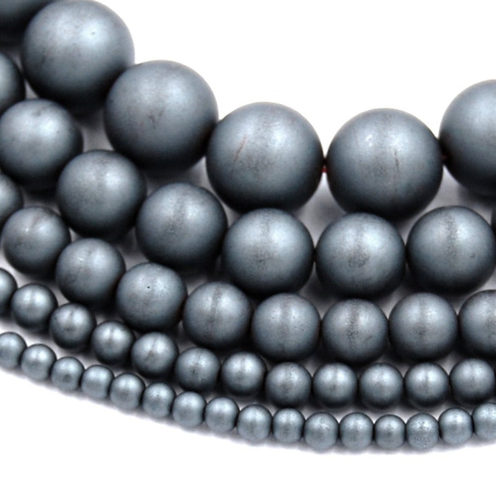 Frosted Hematite 3mm, 4mm, 6mm, 8mm, 10mm, 12mm Round Beads -15 inch strand