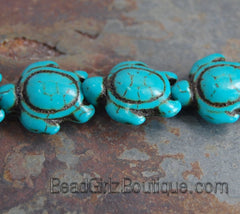 Howlite dyed turquoise blue, 14x17mm double-sided carved sea turtle -15 inch strand
