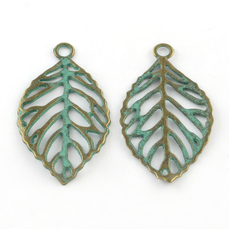 Antique Bronze Green Patina Leaf Pendant Charm