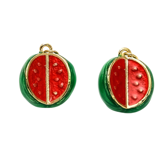 Watermelon Brass Enamel Charm, 18K Gold Plated, 16x13.5x9mm Hover Image