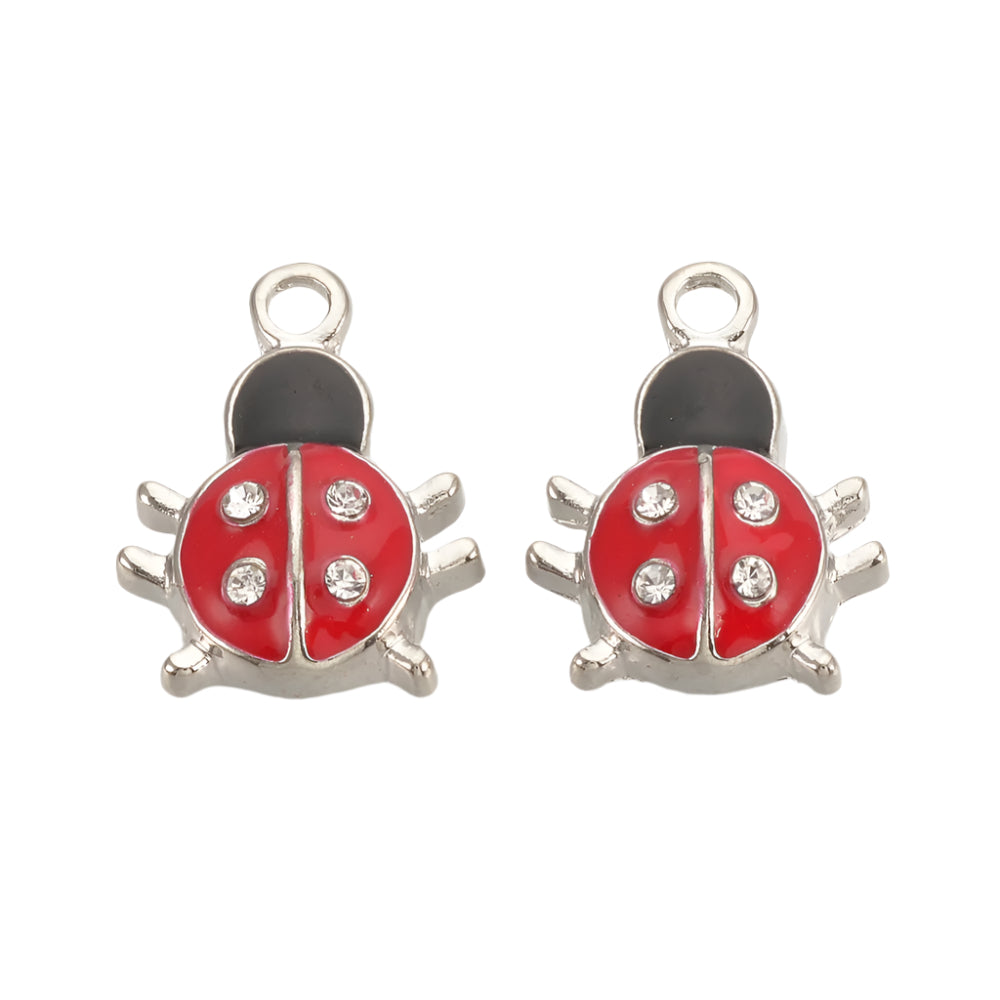 Ladybug Charm Enameled Platinum Charm, 2pc