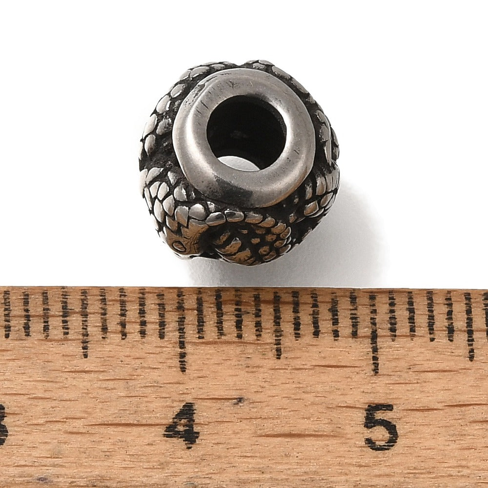 304 Stainless Steel European Beads, Large Hole Beads, Rondelle with Snake, Antique Silver, 9.5x9.5mm