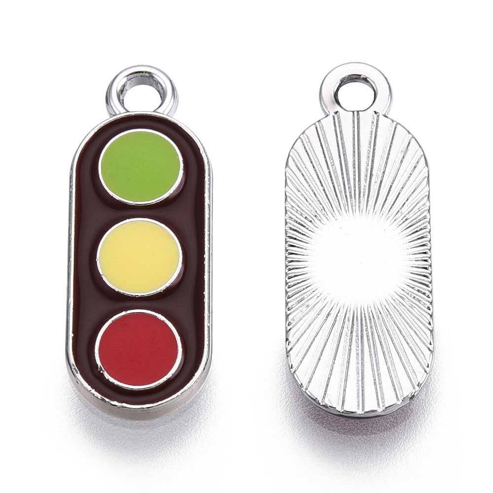Platinum Plated Alloy Pendants, with Enamel, Traffic Light, 4pc, 20.5x8x1.5mm