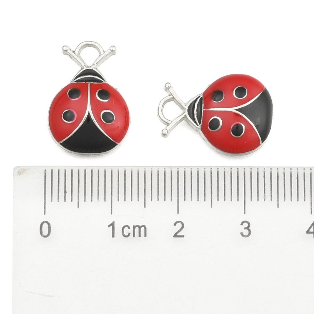 Ladybug Charm Enameled Red and Platinum, 4pc