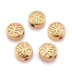 304 Stainless Steel Beads, Flat Round with Tree of Life, Antique Silver or Gold 10x5.5mm -1pc