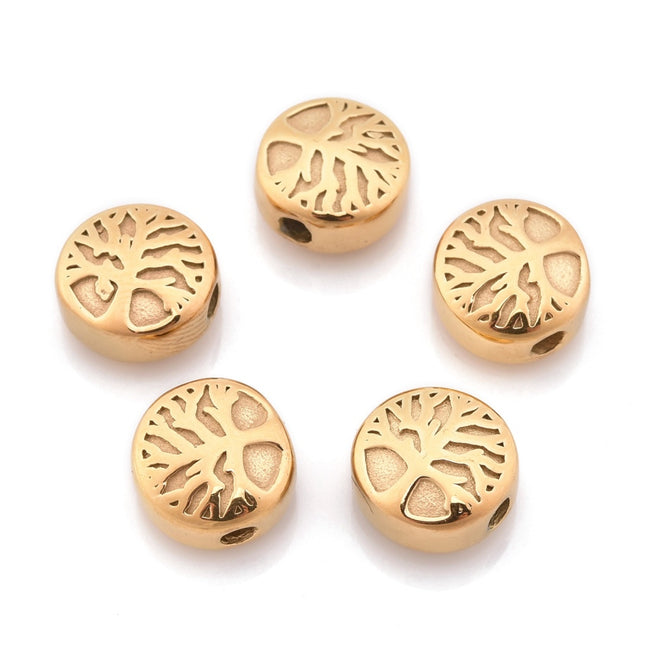 304 Stainless Steel Beads, Flat Round with Tree of Life, Antique Silver or Gold 10x5.5mm -1pc Hover Image