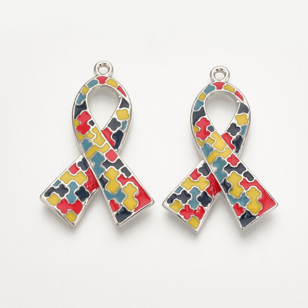 Alloy Enamel Pendants, Autism Awareness, Platinum, Colorful, 39x25.5x5mm