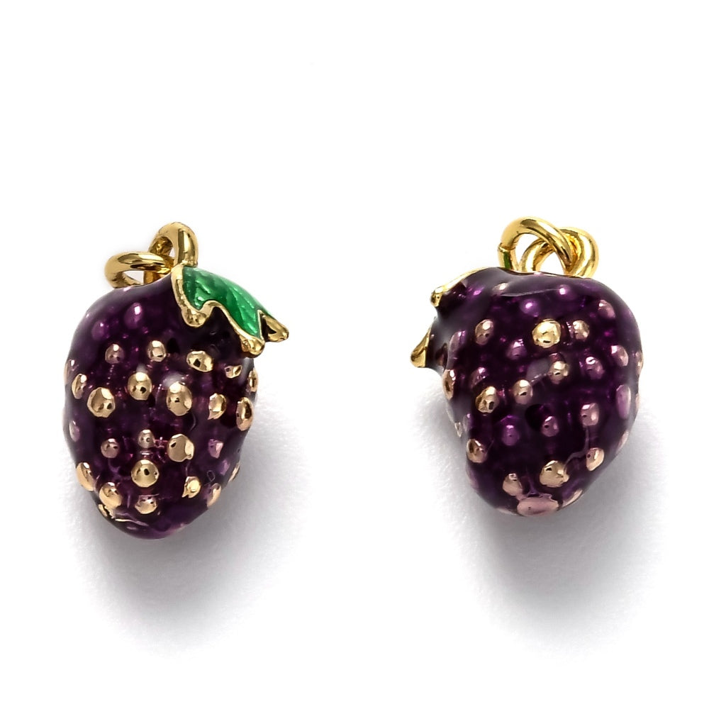 Brass Enamel Charms, Fruit, 18K Gold Plated, Purple, 12.5mm