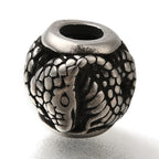 304 Stainless Steel European Beads, Large Hole Beads, Rondelle with Snake, Antique Silver, 9.5x9.5mm