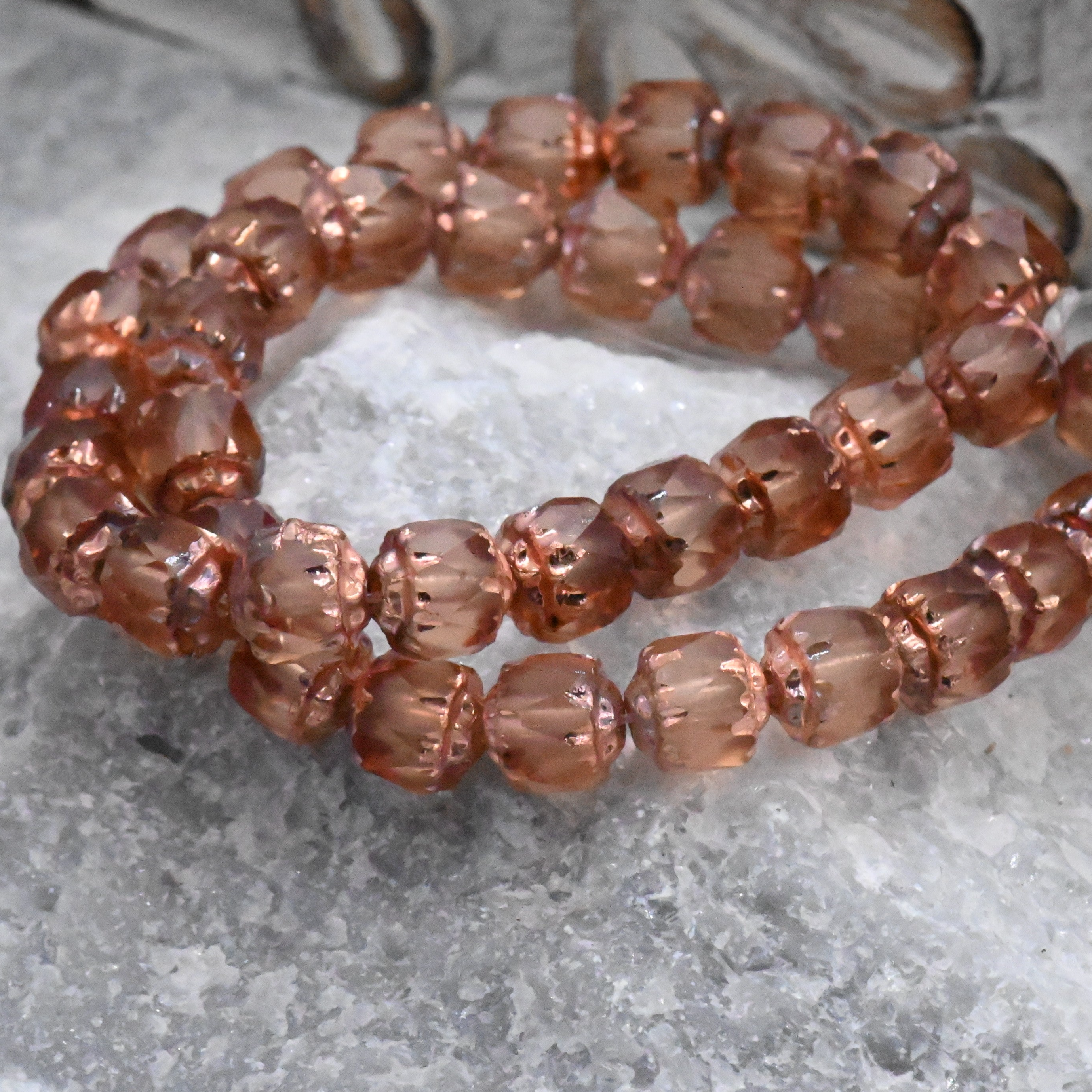 Czech Glass 6mm Cathedral Peach with a Copper Finish