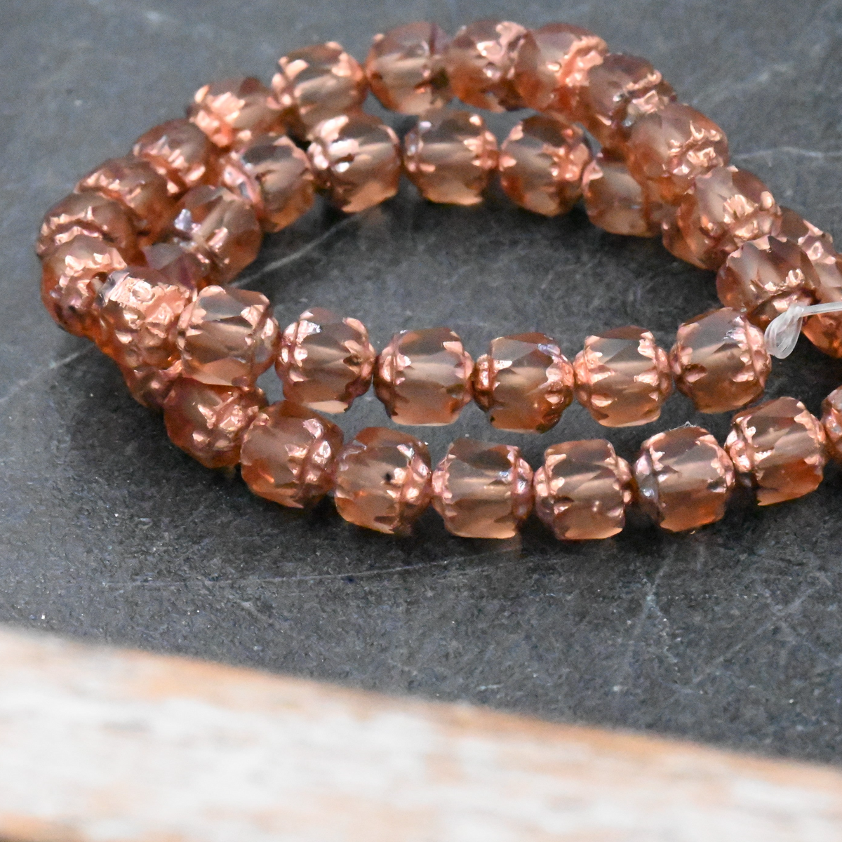 Czech Glass 6mm Cathedral Peach with a Copper Finish