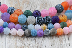 Frosted Natural Agate Beads Strands, Round, Dyed & Heated, Mixed Color, 6mm, 8mm, 10mm