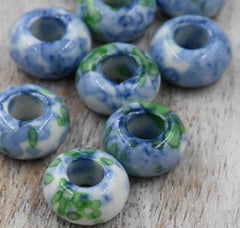 Large Hole Jade, Light Blue and Green European Beads, Round 15mm, 10pc