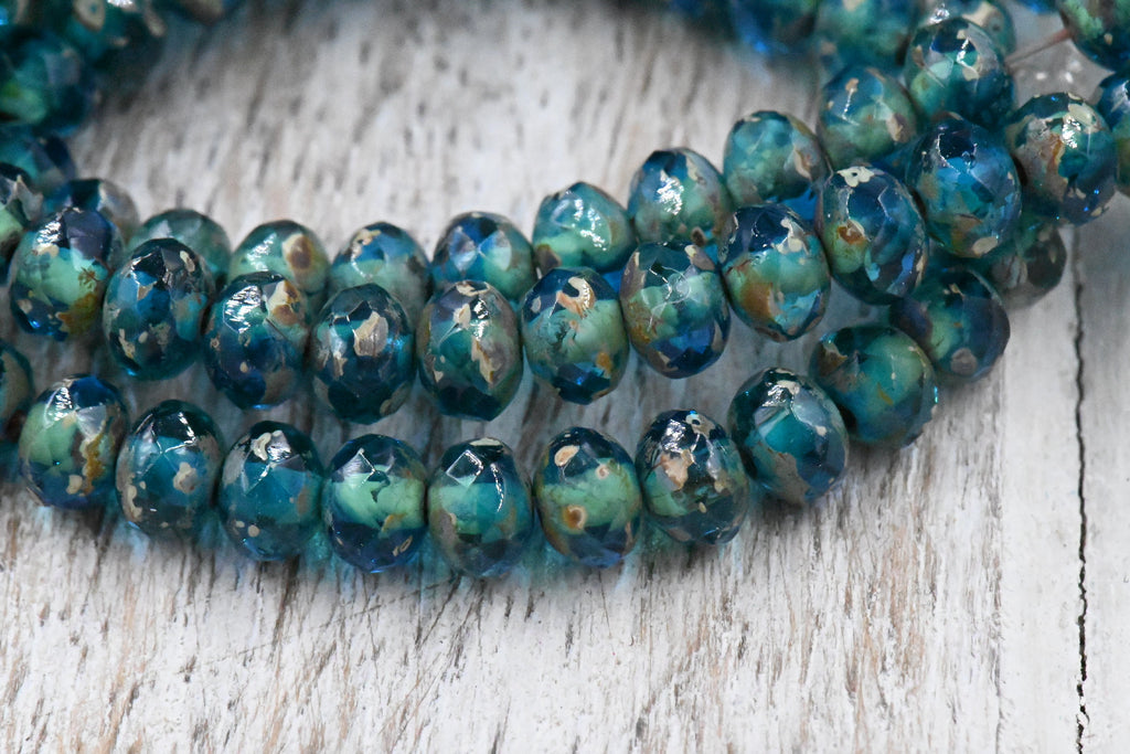 5x3mm Rondelle Pacific Blue Green Picasso Faceted Czech