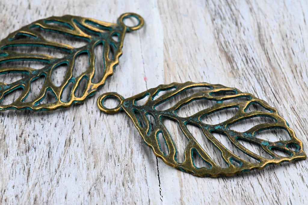 Antique Bronze Green Patina Leaf Pendant Charm