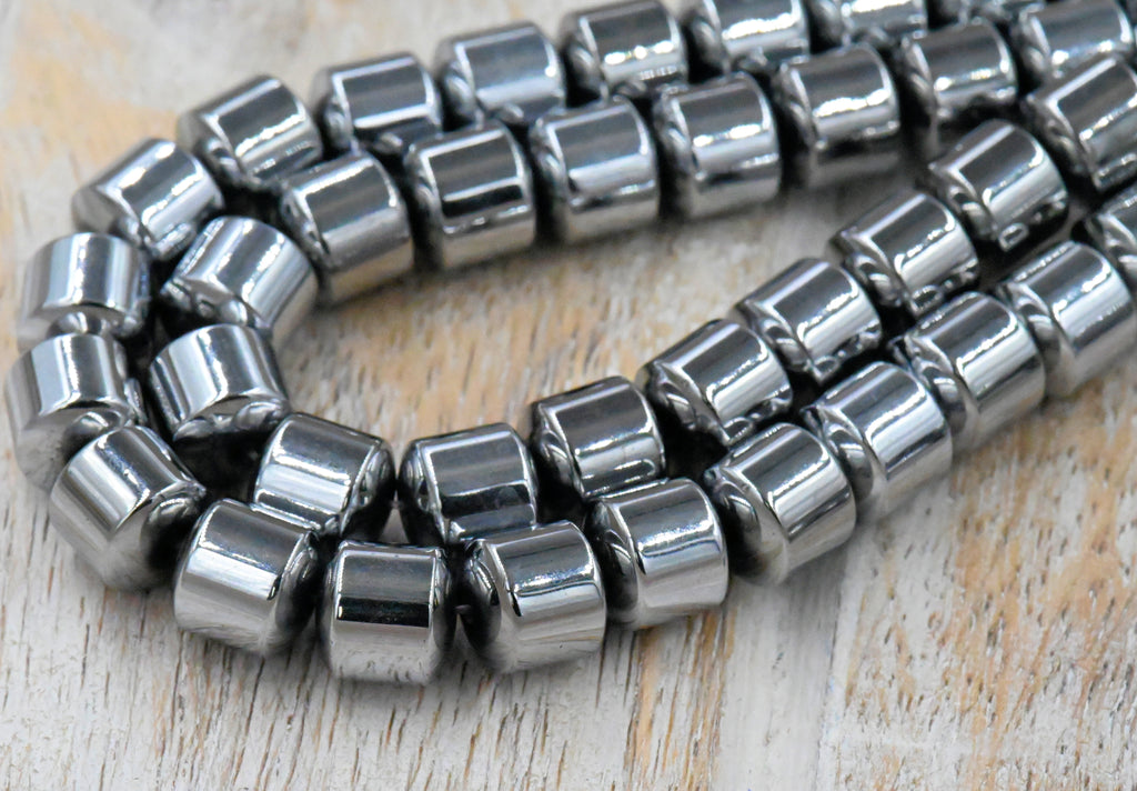8mm Hematite Silver Drum Focal Beads
