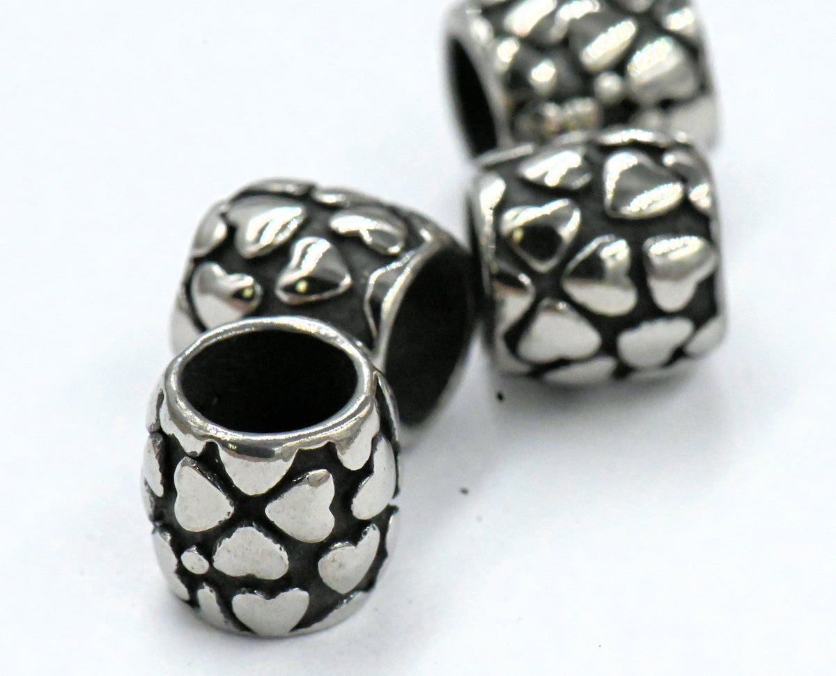 Stainless Steel Spacer Beads, Large Hole Beads, 1pc Heart Column, Antique Silver