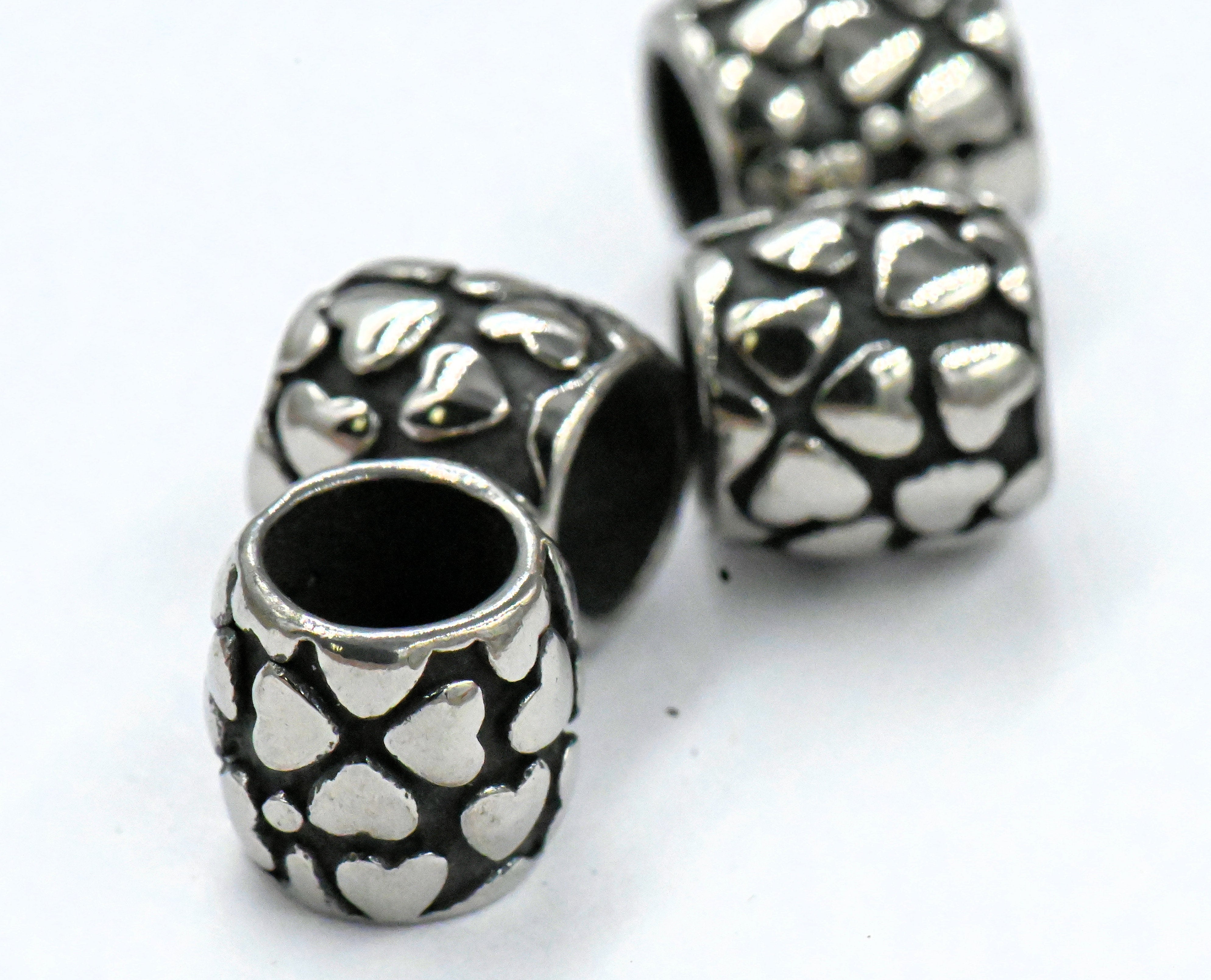 Stainless Steel Spacer Beads, Large Hole Beads, 2pc Heart Column, Antique Silver