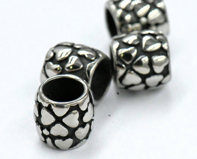 Stainless Steel Spacer Beads, Large Hole Beads, 2pc Heart Column, Antique Silver Main Image