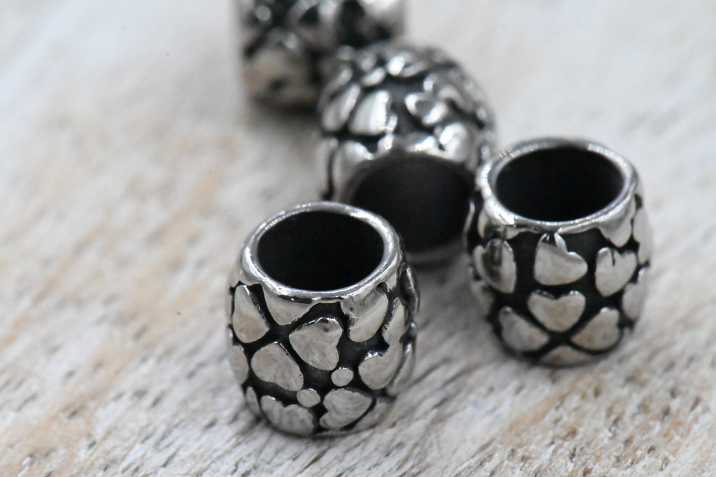 Stainless Steel Spacer Beads, Large Hole Beads, 2pc Heart Column, Antique Silver