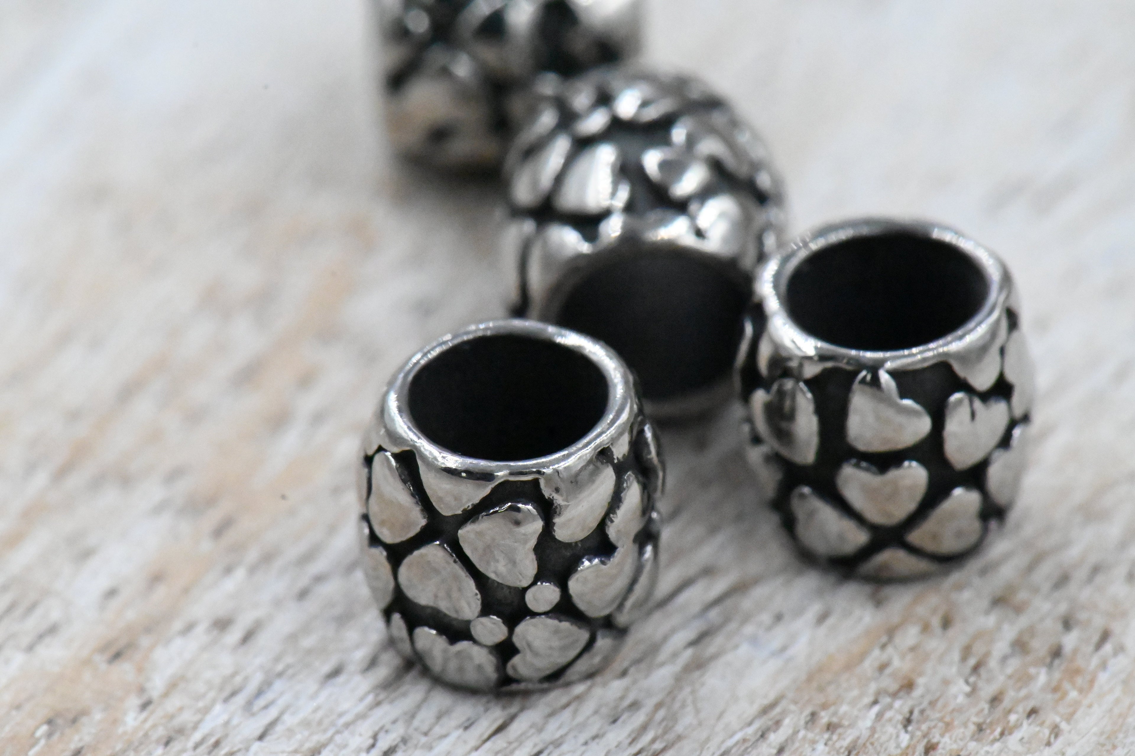 Stainless Steel Spacer Beads, Large Hole Beads, 2pc Heart Column, Antique Silver