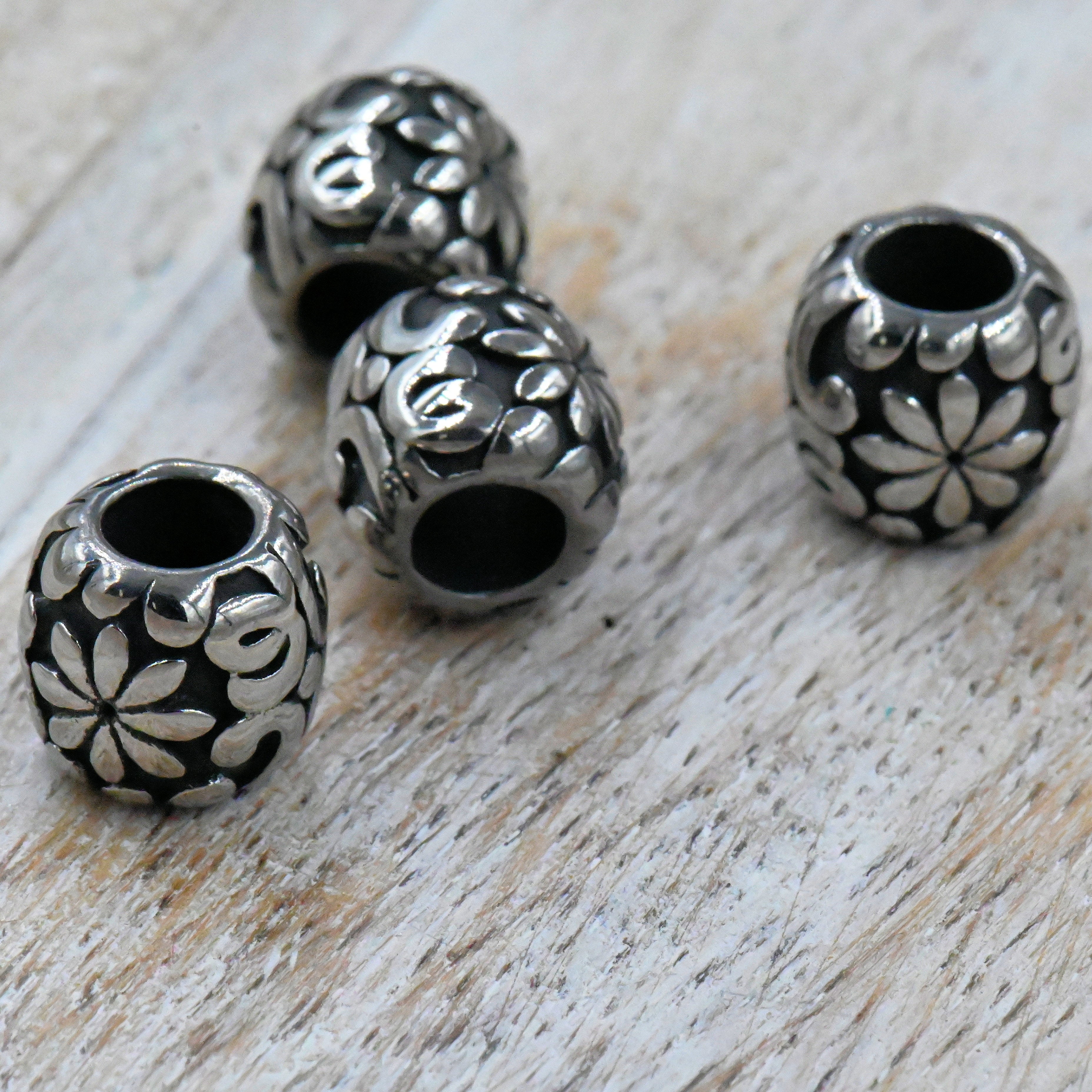 304 Stainless Steel Spacer Beads, Large Hole Beads, 1pc Flower Column, Antique Silver