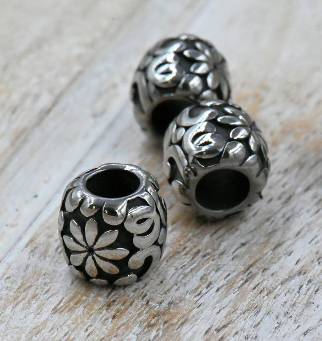 304 Stainless Steel Spacer Beads, Large Hole Beads, 1pc Flower Column, Antique Silver Hover Image