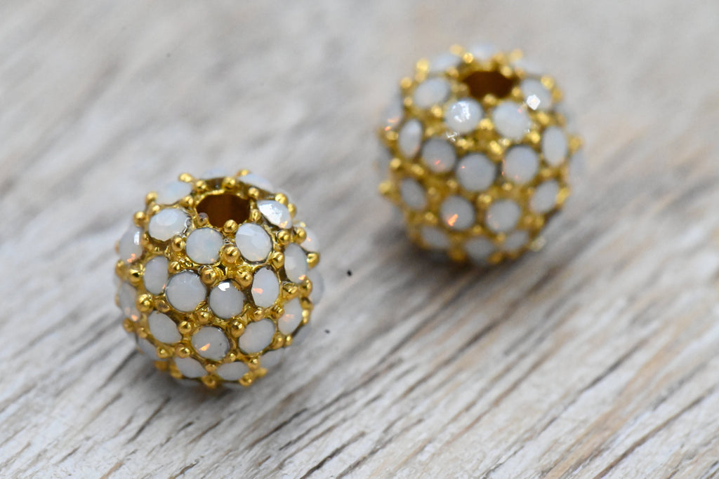 White Opal Micro Pave Cubic Zirconia Beads,2pc Gold 8mm