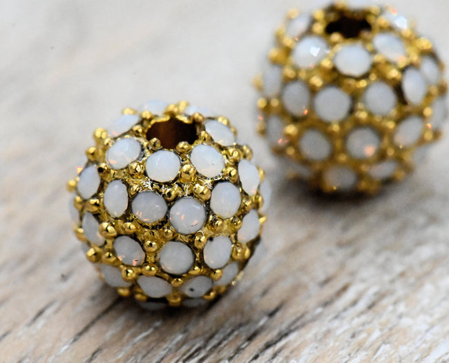 White Opal Micro Pave Cubic Zirconia Beads,2pc Gold 8mm Hover Image