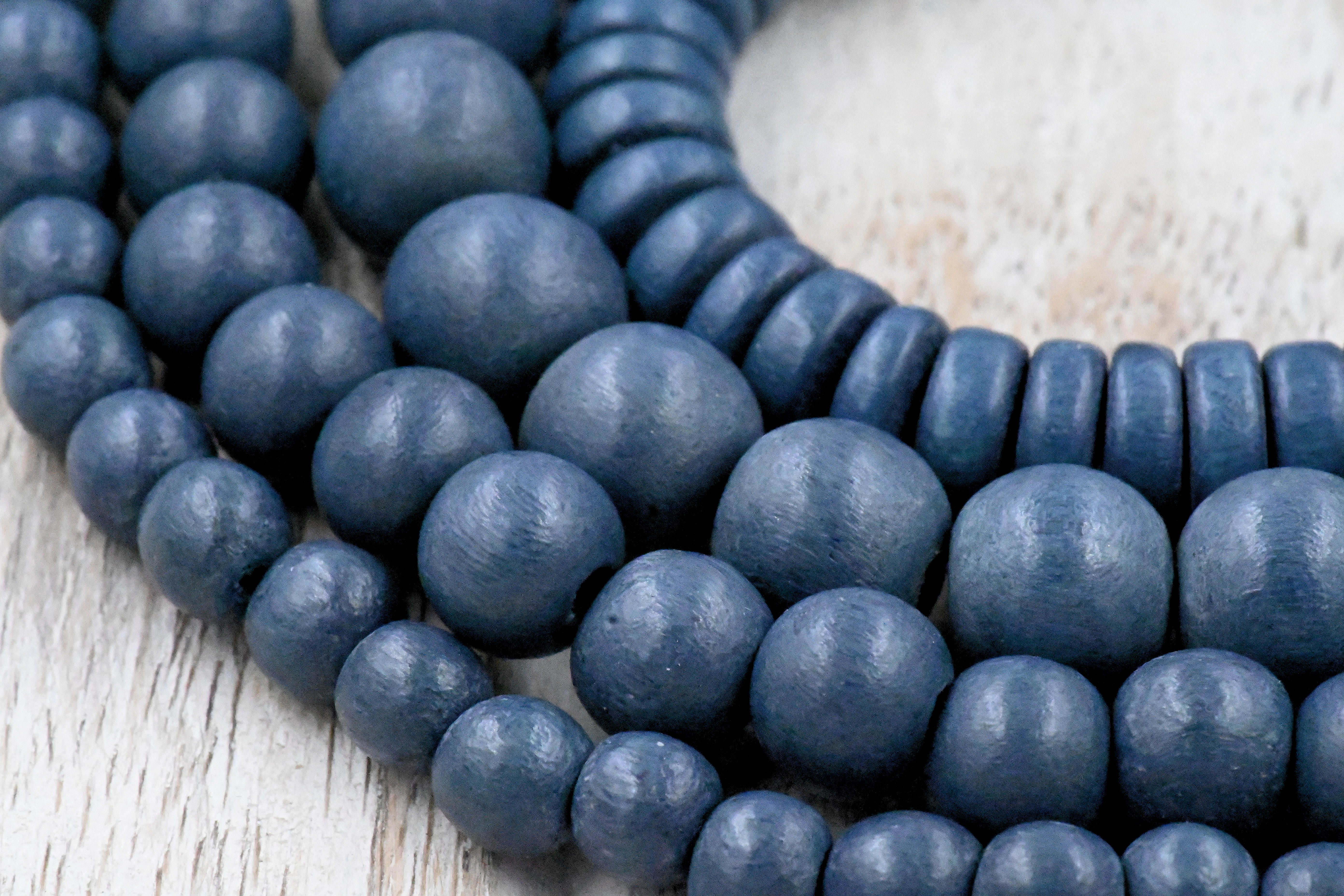 Blue Charcoal Gray Wood Beads 6mm, 8mm, 10mm,12mm, 8x5mm -16 inch Strand