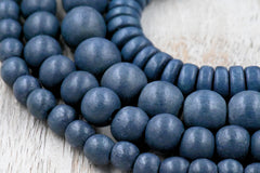 Blue Charcoal Gray Wood Beads 6mm, 8mm, 10mm,12mm, 8x5mm -16 inch Strand