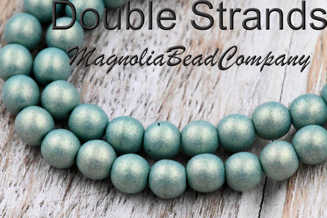 TWO STRANDS 6mm Czech Glass Beads Round Sueded Gold Muted Turquoise Green Luster Hover Image