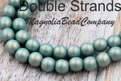 TWO STRANDS 6mm Czech Glass Beads Round Sueded Gold Muted Turquoise Green Luster