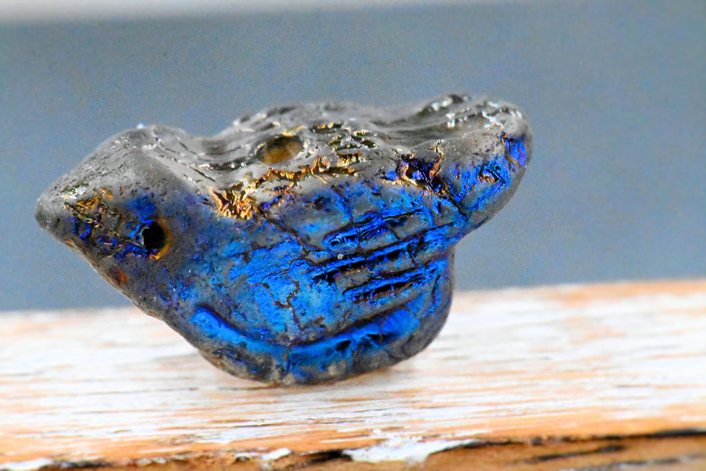 Czech Bird Grey with Etched, 11x22mm AB, and Metallic Blue Finishes, 4pc