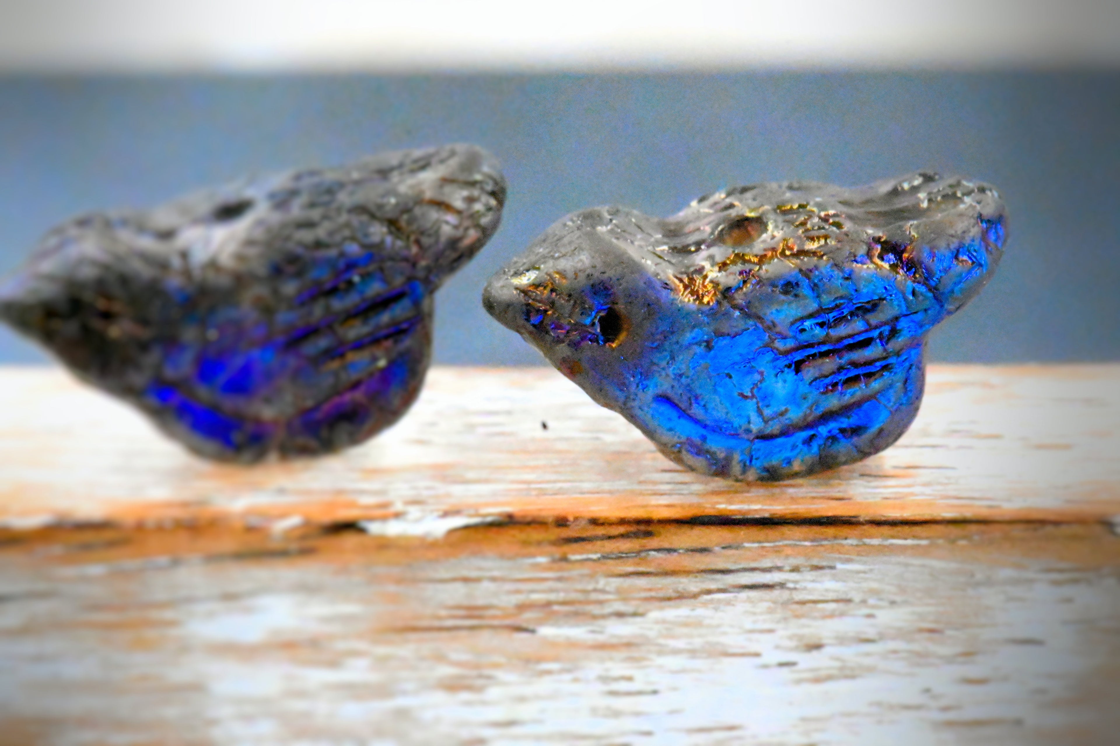 Czech Bird Grey with Etched, 11x22mm AB, and Metallic Blue Finishes, 4pc