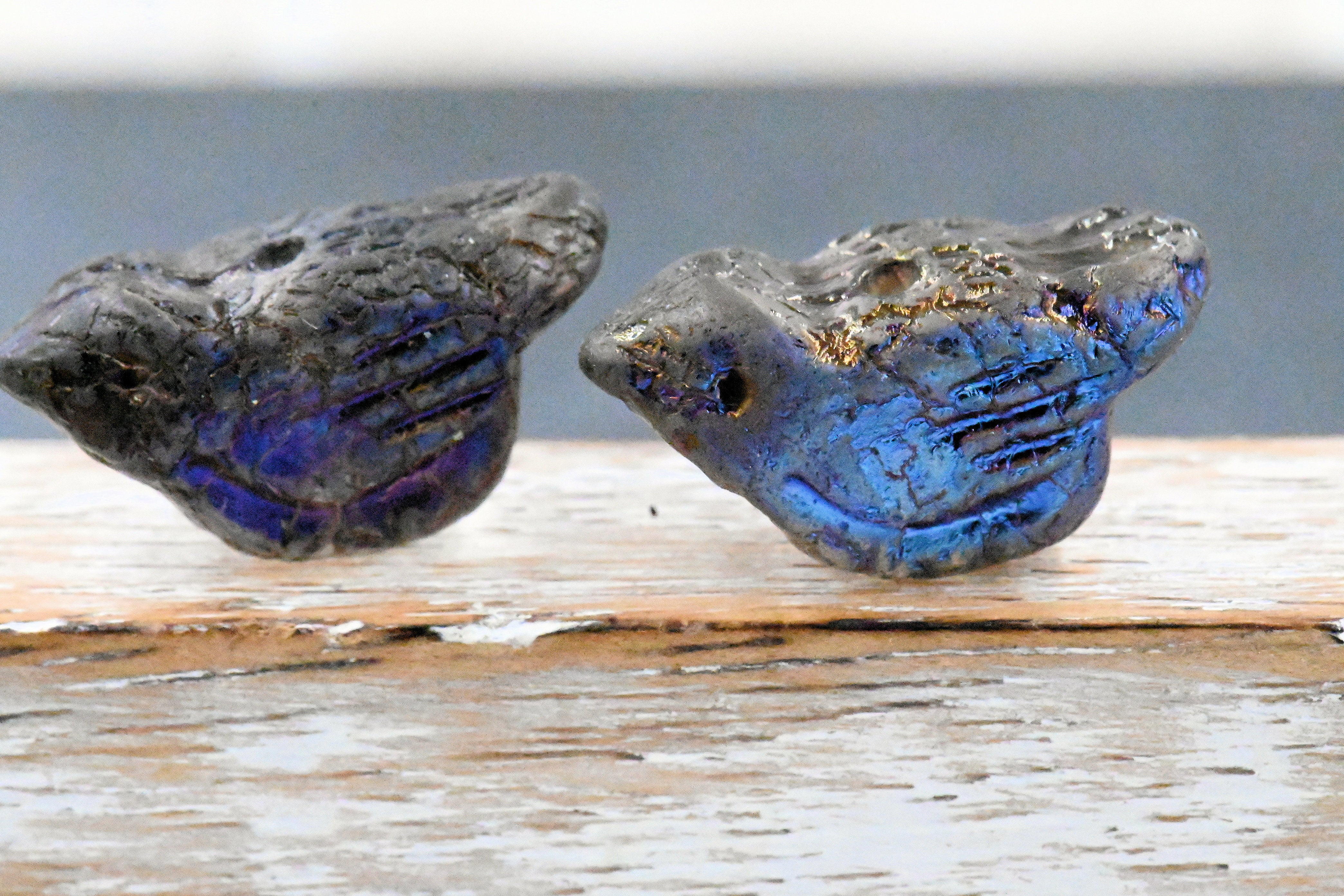 Czech Bird Grey with Etched, 11x22mm AB, and Metallic Blue Finishes, 2pc