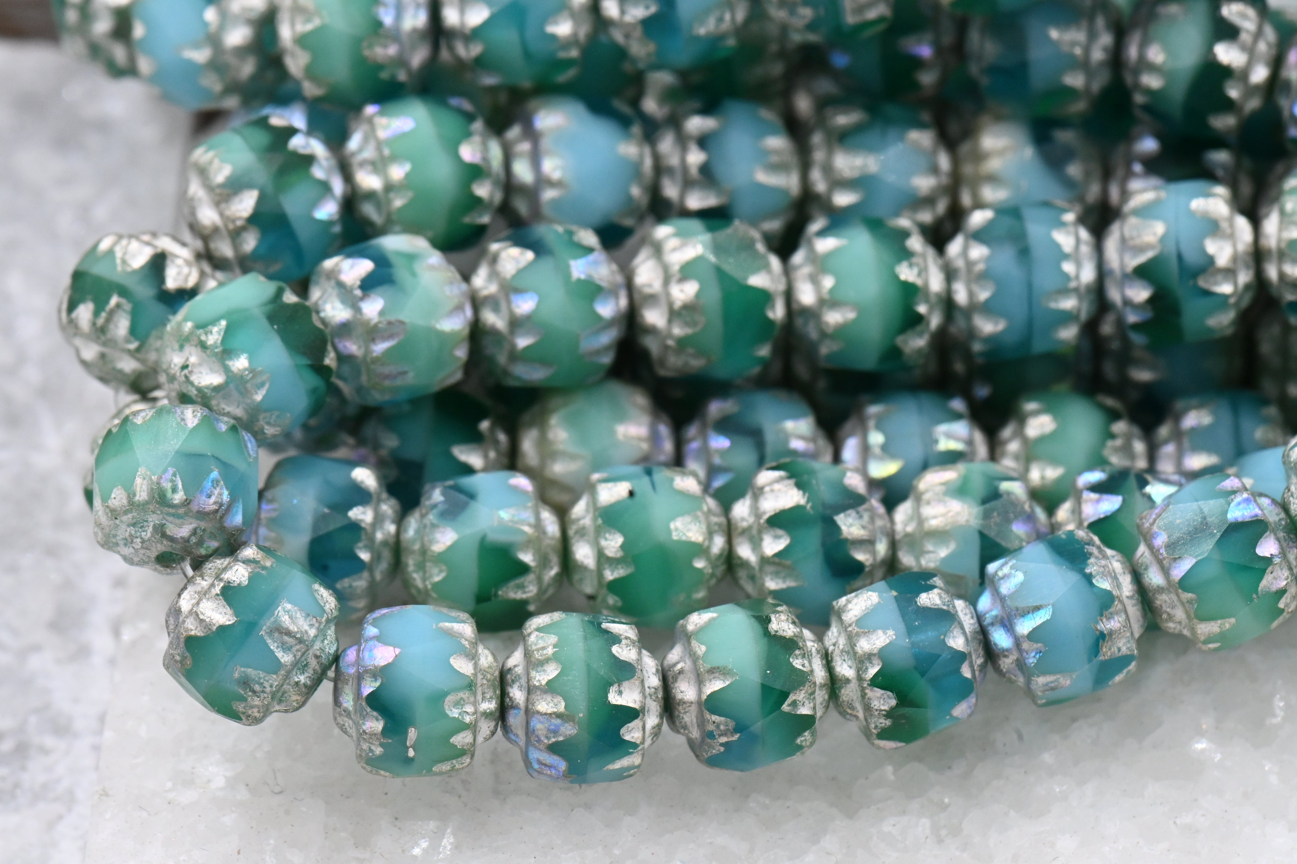 6mm Cathedral a Blend Of Sea Green, Teal, Green and Sky Blue with a Antique Silver Czech Glass Beads