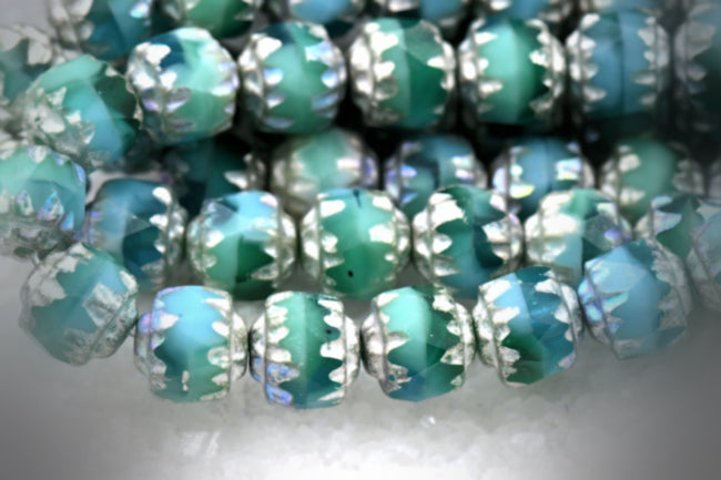 6mm Cathedral a Blend Of Sea Green, Teal, Green and Sky Blue with a Antique Silver Czech Glass Beads Hover Image
