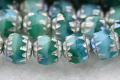 Sea Green 6mm Cathedral a Blend Of Teal, Green and Sky Blue with a Antique Silver Czech Glass Beads