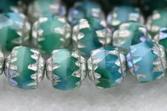 6mm Cathedral a Blend Of Sea Green, Teal, Green and Sky Blue with a Antique Silver Czech Glass Beads