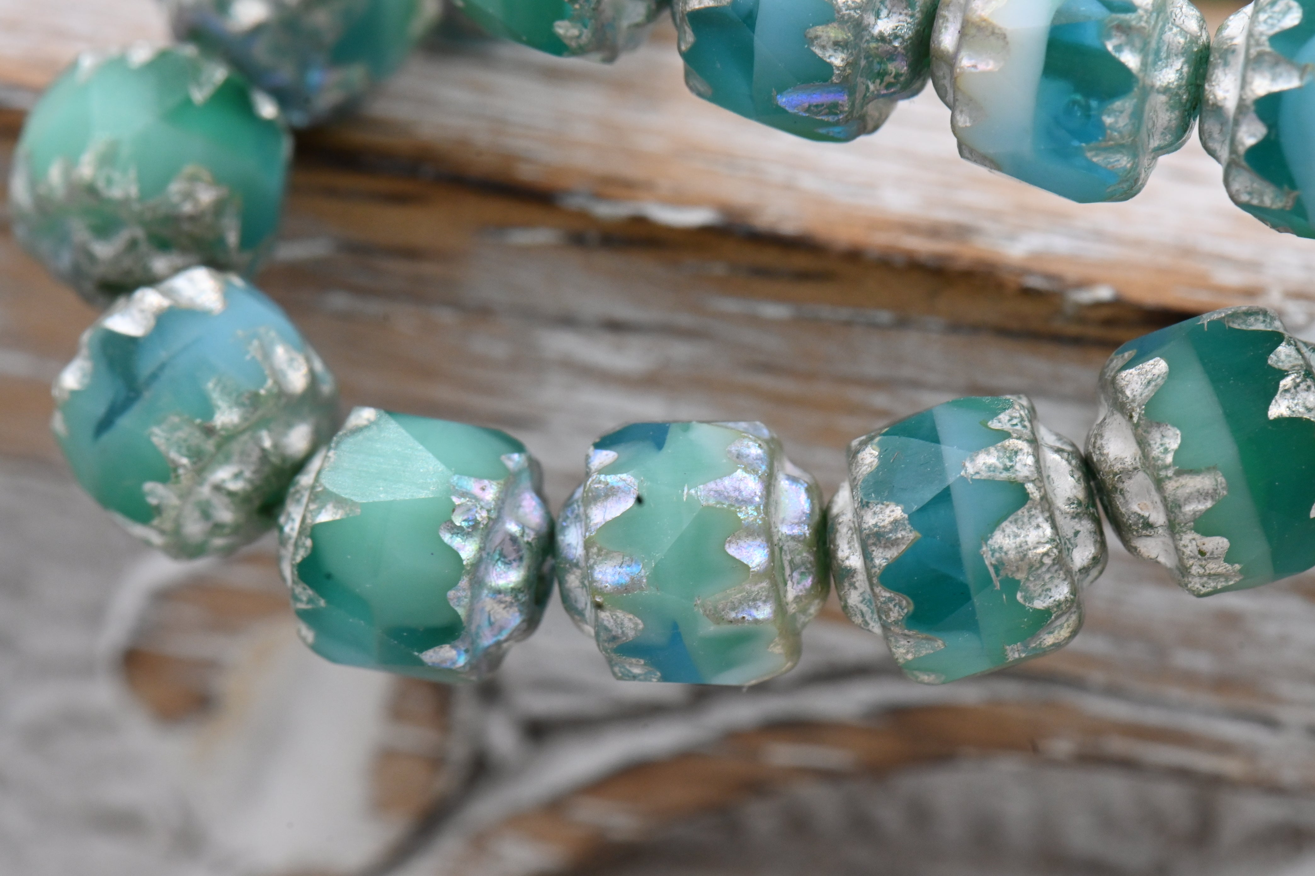 6mm Cathedral a Blend Of Sea Green, Teal, Green and Sky Blue with a Antique Silver Czech Glass Beads