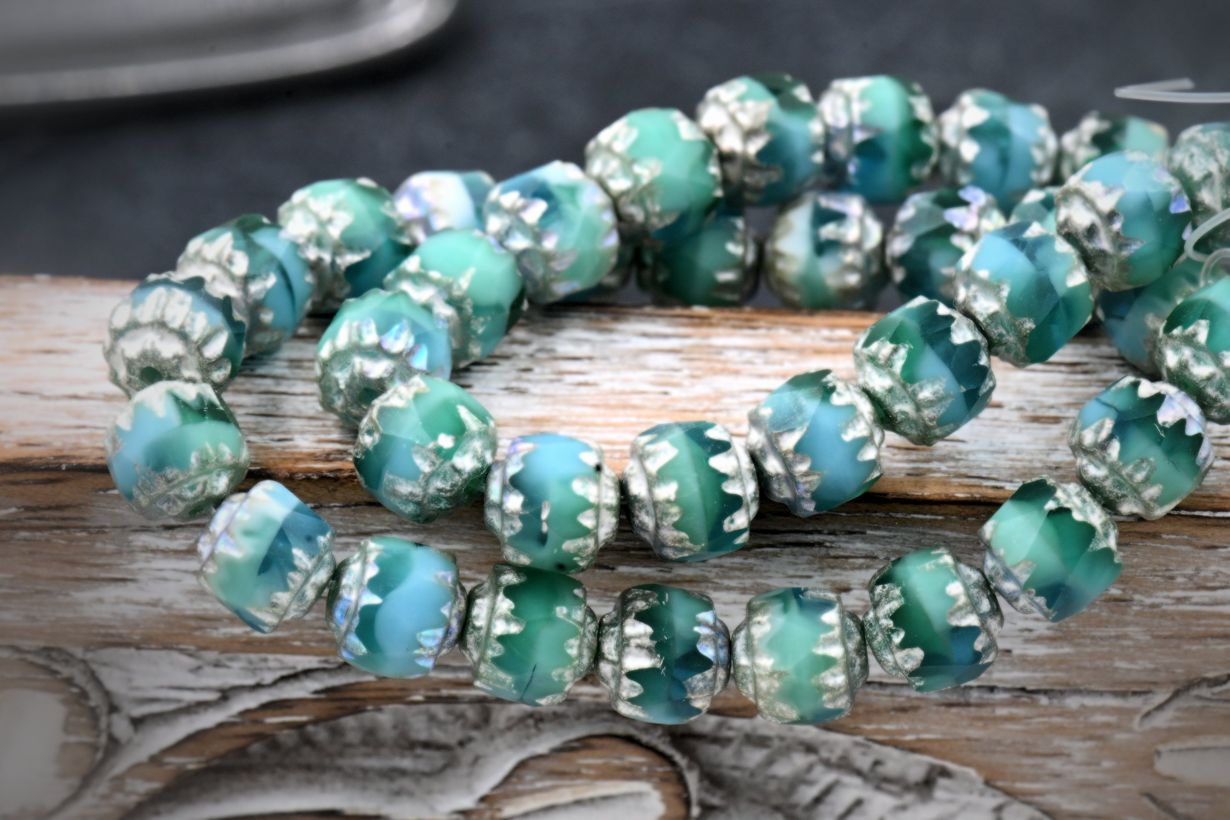 6mm Cathedral a Blend Of Sea Green, Teal, Green and Sky Blue with a Antique Silver Czech Glass Beads