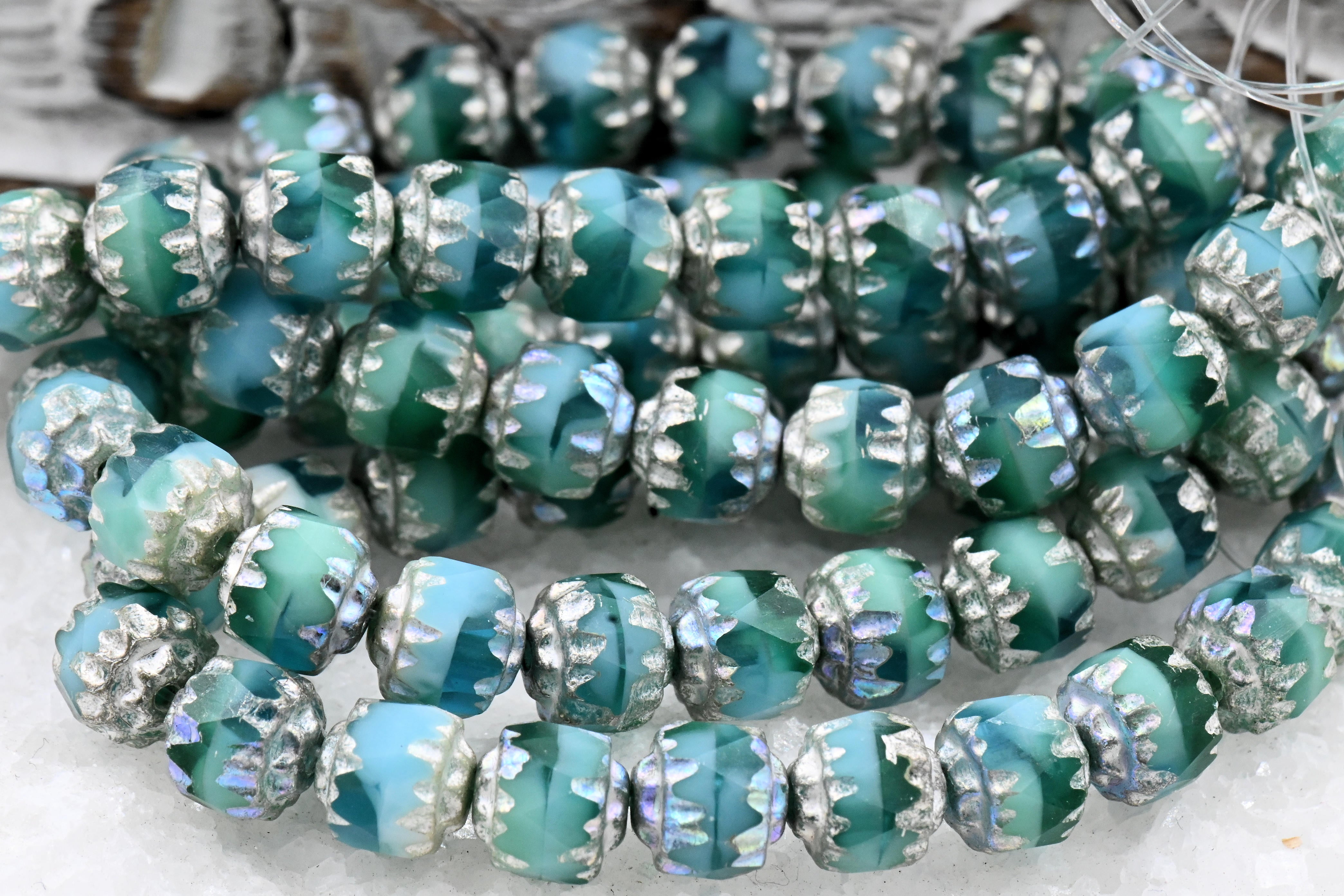 6mm Cathedral a Blend Of Sea Green, Teal, Green and Sky Blue with a Antique Silver Czech Glass Beads