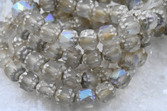 Czech Glass Beads 6mm Cathedral Transparent Glass with Matte, Antique Silver, and AB Finishes