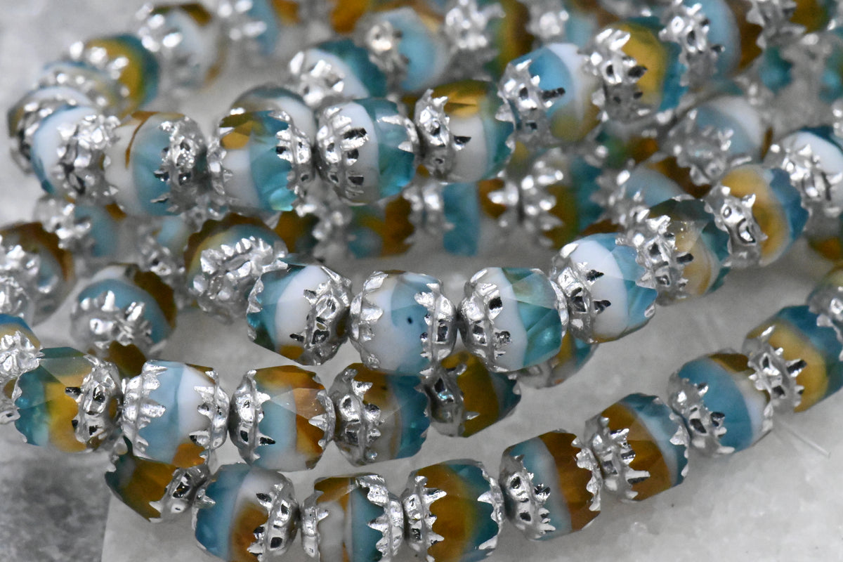 6mm Cathedral Sky Blue, Yellow and White with Silver Finish Czech Glass Beads