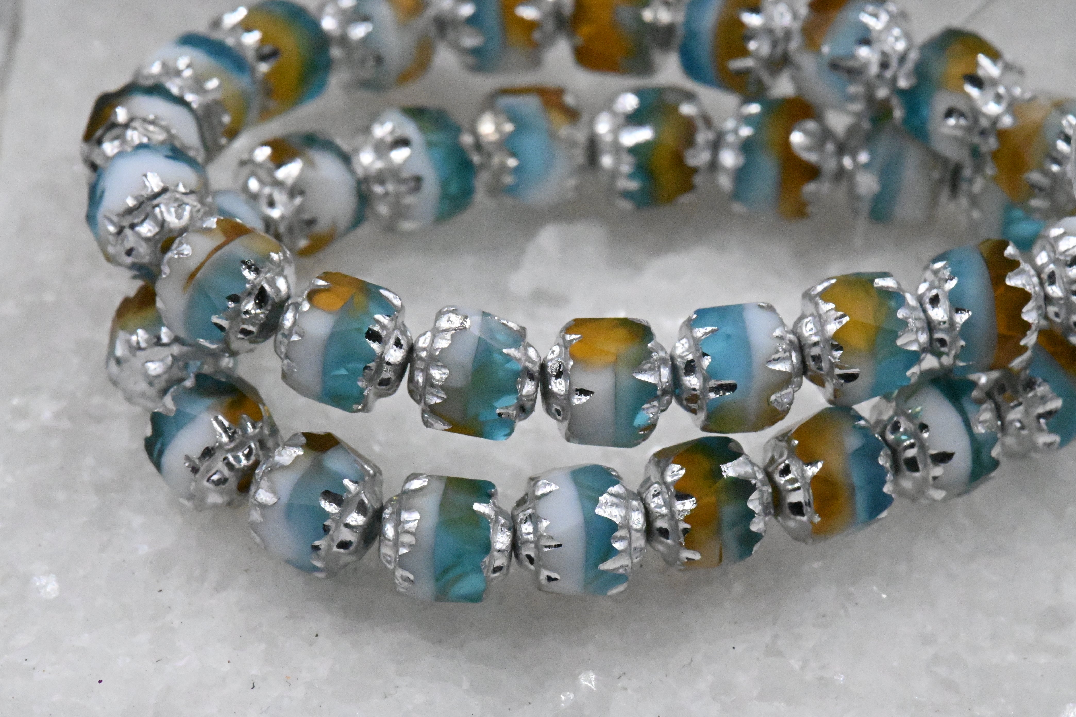 6mm Cathedral Sky Blue, Yellow and White with Silver Finish Czech Glass Beads