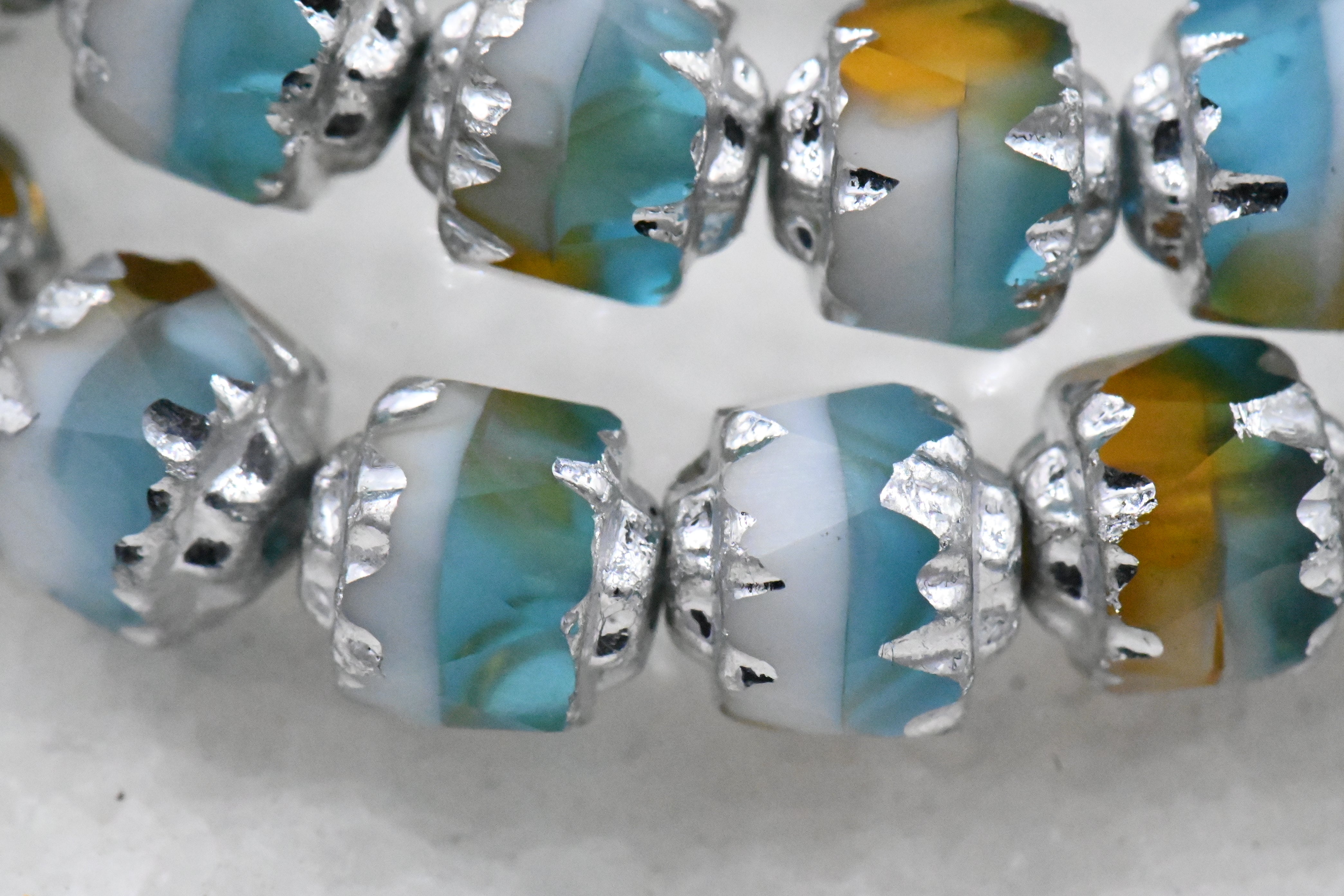 6mm Cathedral Sky Blue, Yellow and White with Silver Finish Czech Glass Beads