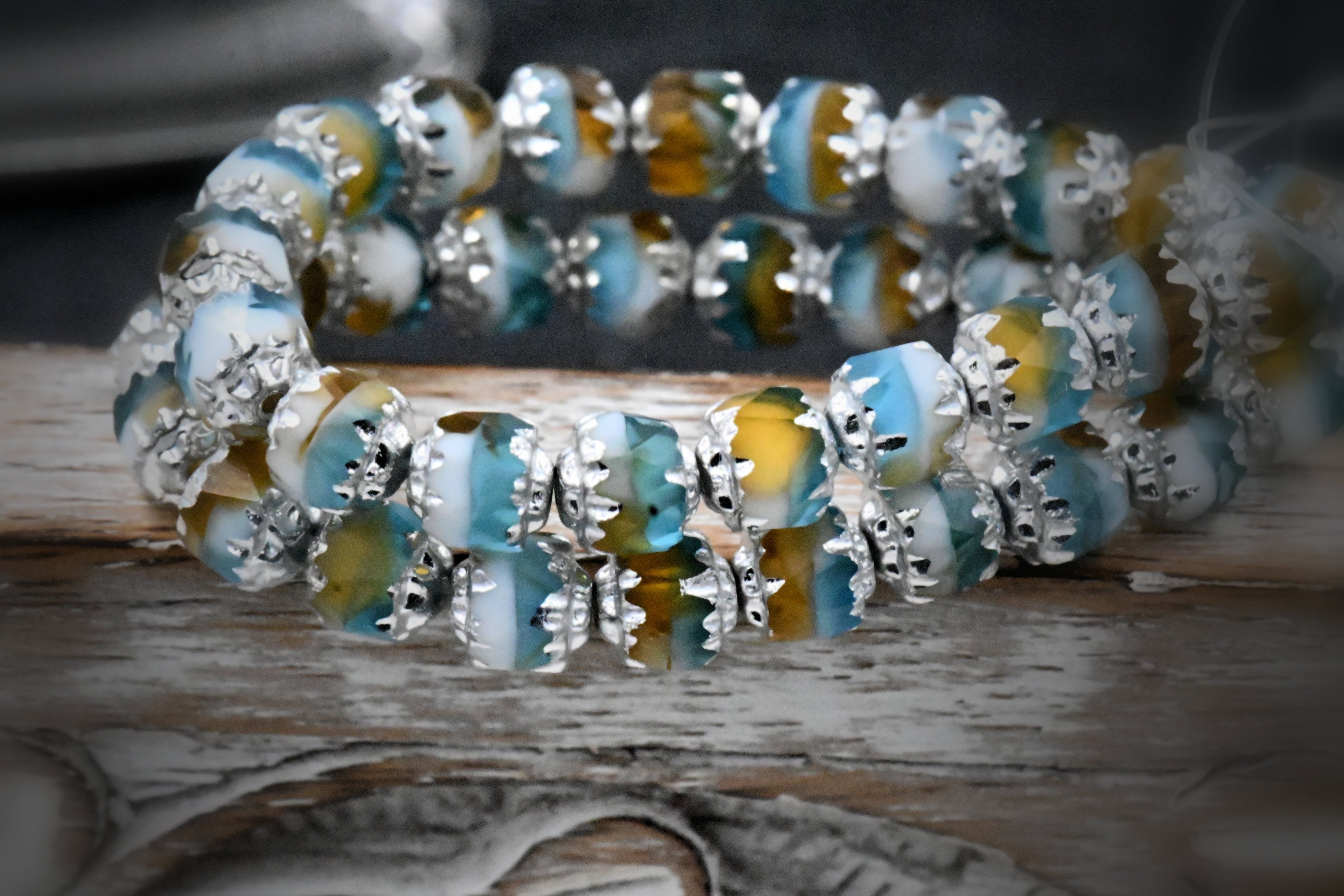 6mm Cathedral Sky Blue, Yellow and White with Silver Finish Czech Glass Beads