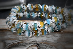 Czech Glass Beads 6mm Cathedral Sky Blue, Yellow and White with Silver Finish